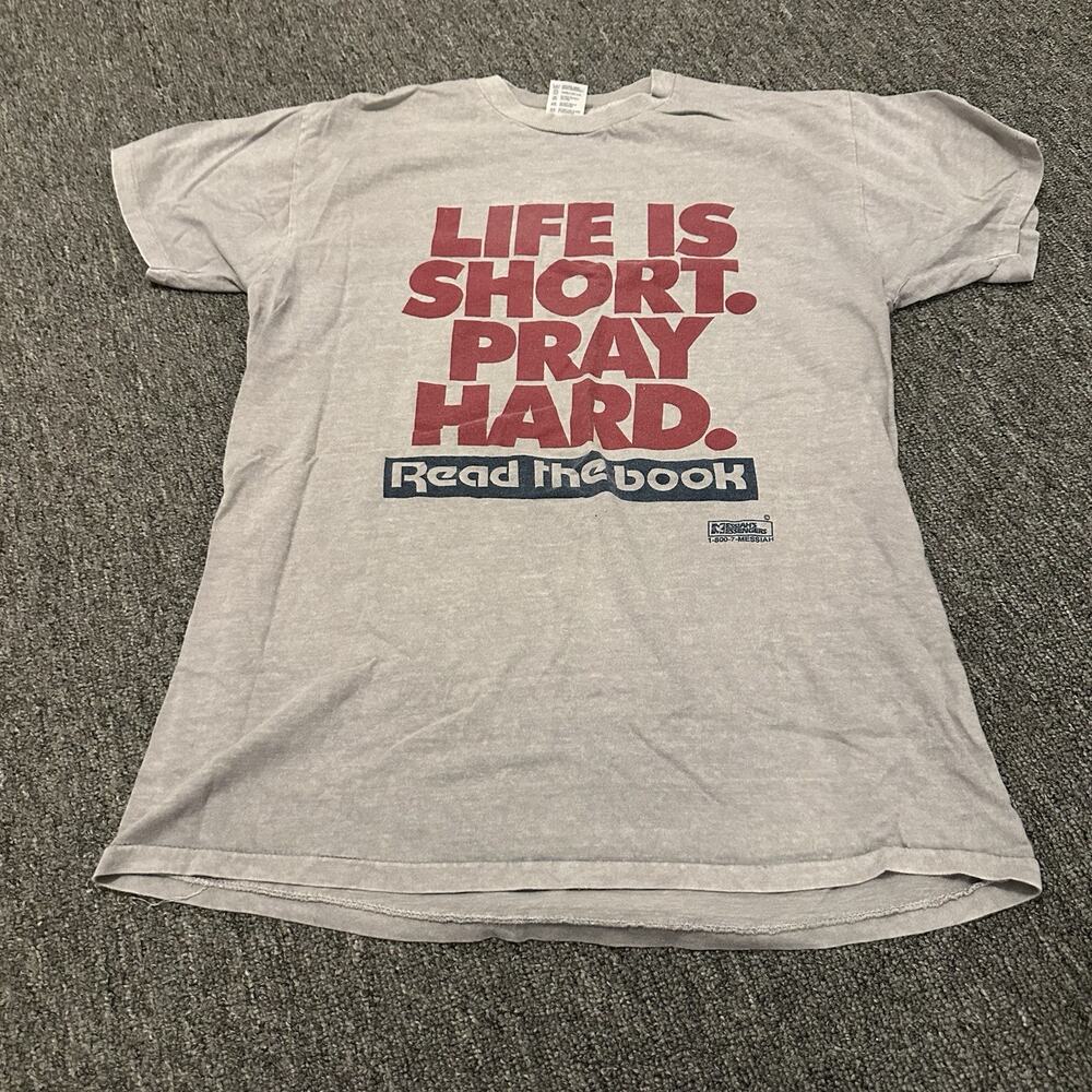 Vintage 90s Life Is Short T Shirt Pray Reebok Parody Jesus Tee Gray Sz M Delta